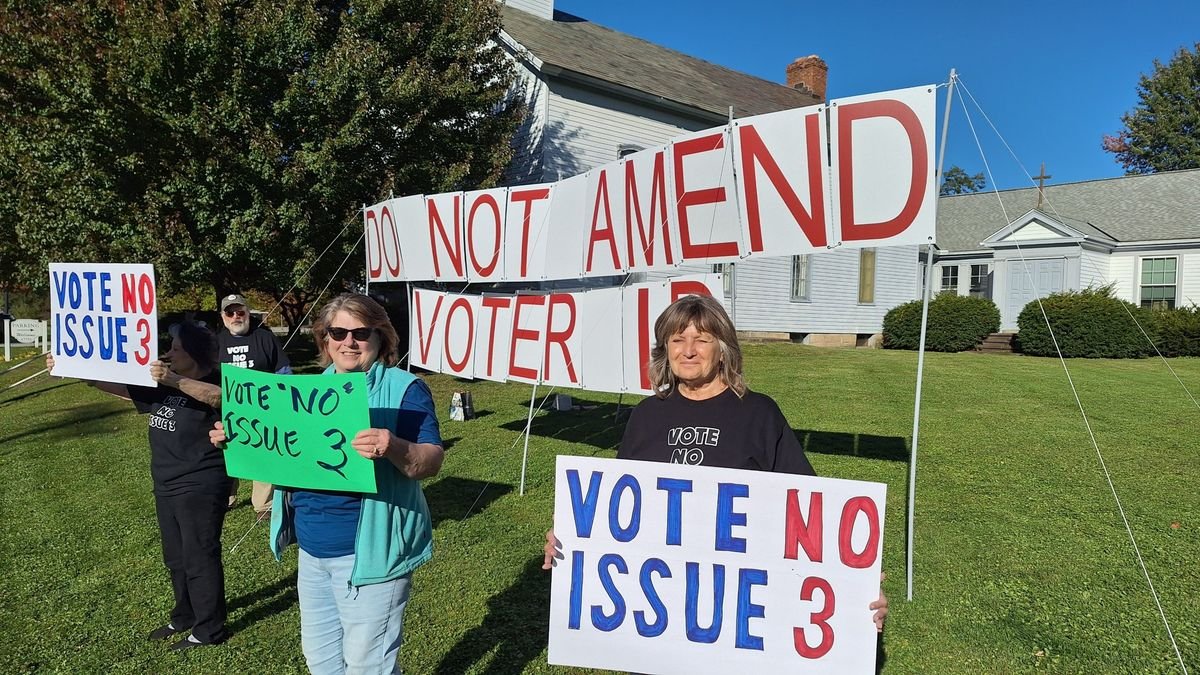 OhD14P members holding Vote No on Issue 3 signs in front of a large Do Not Amend Voter ID banner